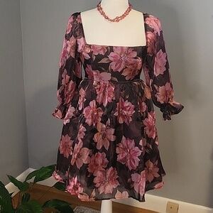 Thirty Thirty Floral Lined Babydoll Peasant Smocked Back Mini Dress - Size S